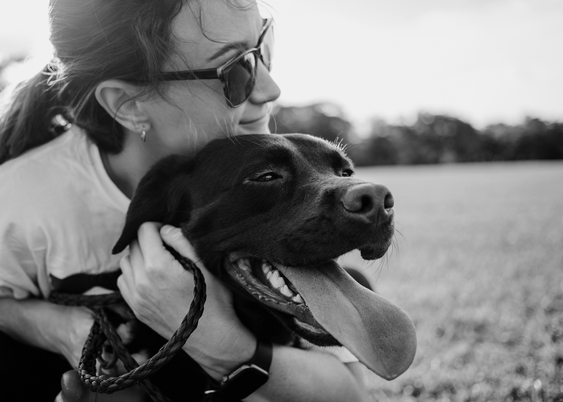 Donna abbraccia il suo labrador in un campo